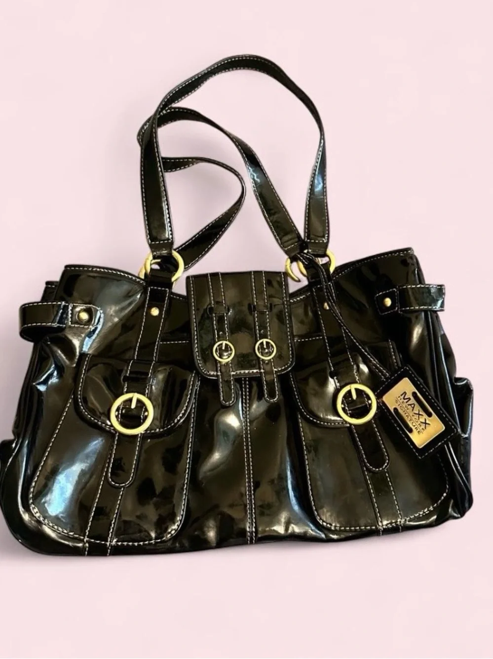Maxx New York Black Patent Gold-Accent Shoulder Tote